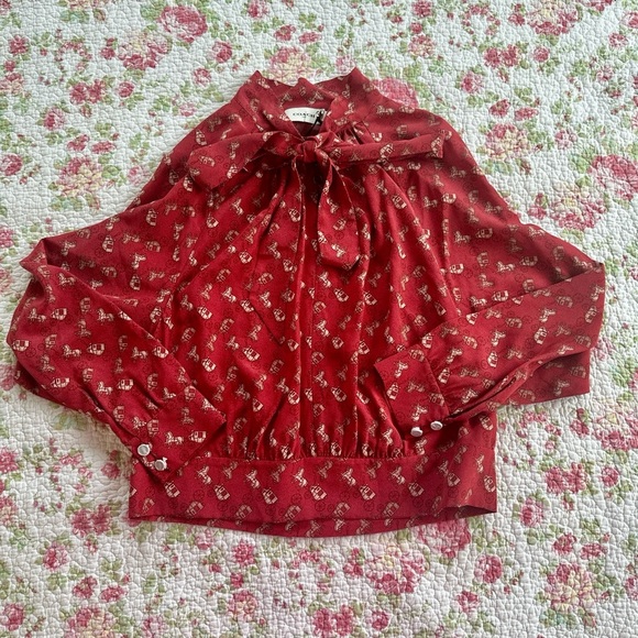 Coach Horse & Carriage Print Tie Neck Blouse Size 2 100% Silk NEW - Picture 2 of 10
